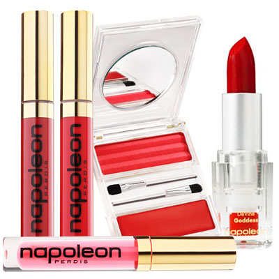  Napoleon Perdis Better Off Red Collection (from left to right): Front Row Red Lip Gloss ($25), Lady in Red Lip Gloss ($25), Under Cover Red Lip Gloss ($25), Double Agent Rouge Lip Palette ($22), Devine Goddess Lipstick in Xenia ($22).
