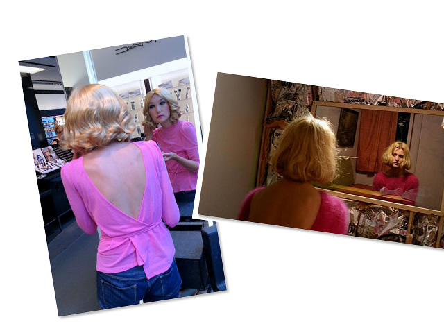 Look 2: Jane sports a tousled blonde wig inspired by Natassja Kinski in  Wim Wender's "Paris, Texas" 