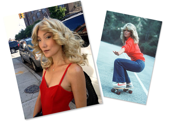 Look 1: Jane wears a feathered blonde wig inspired by Farrah Fawcett in "Charlie's Angels"