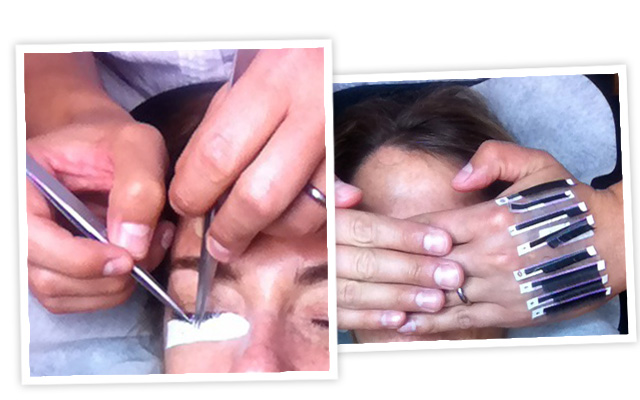 Christian applies each lash extension with tweezers (l); Jena showcases various lash choices on her hand (r).